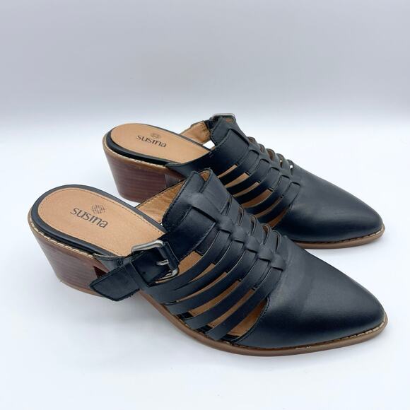 Susina Sondra Lea Leather Mules Black Stacked Low Block Heel Slip On Shoes 8 - Picture 2 of 16